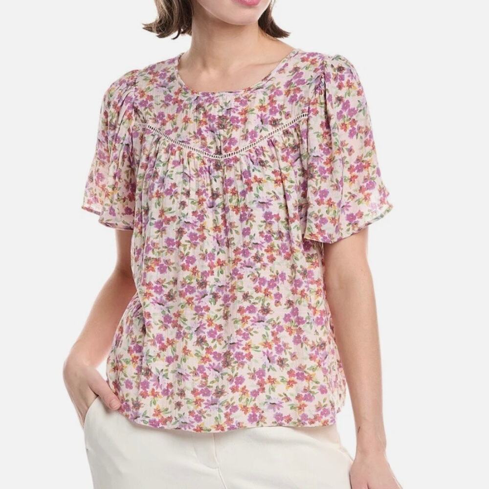 NEW Nanette Lepore Purple Floral Ruffle Sleeve Top Sz L Cottagecore Romantic‎